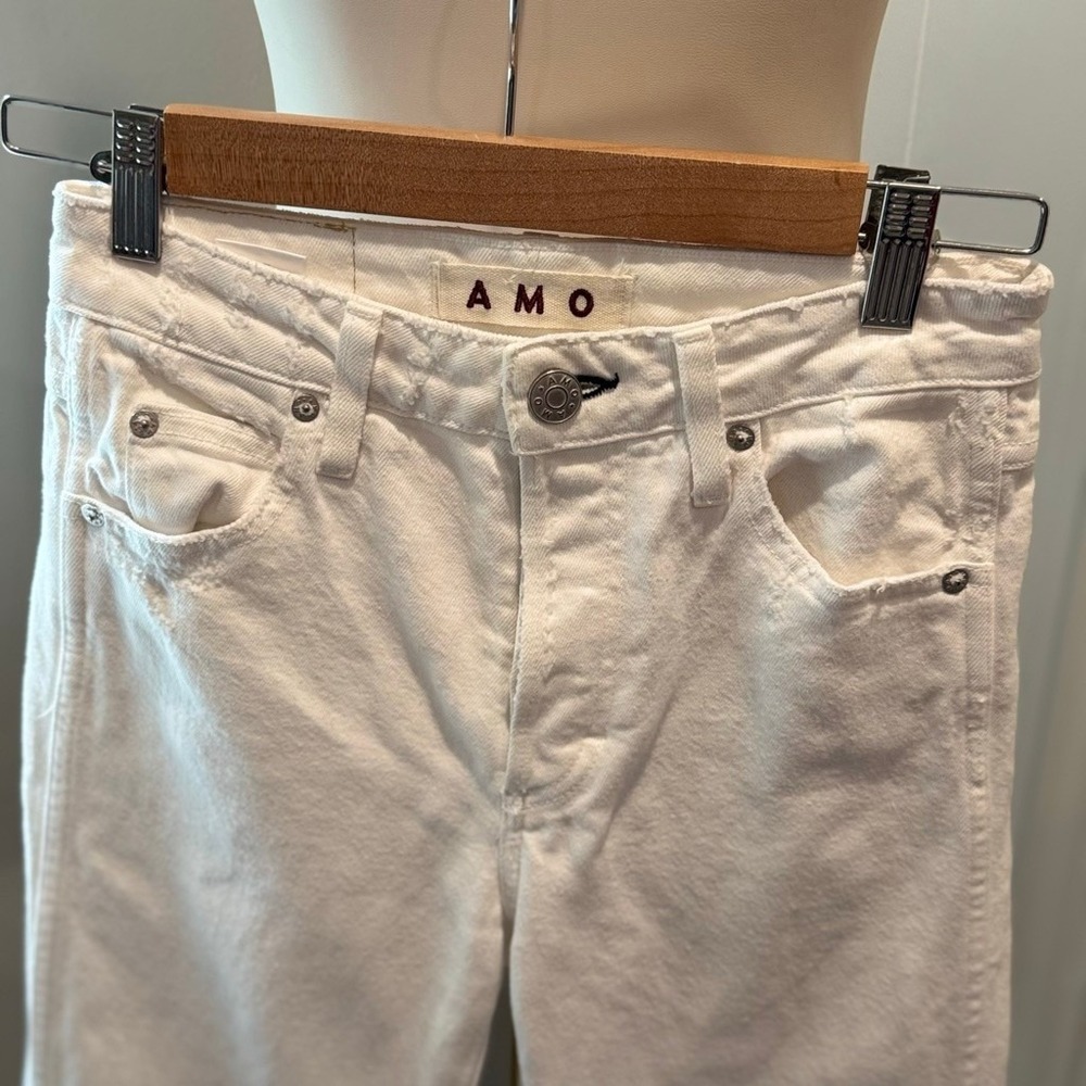 AMO Denim 2010s Sea Salt White Straight Crop Jeans Button Fly & Raw Hem Size 25 - Picture 13 of 15